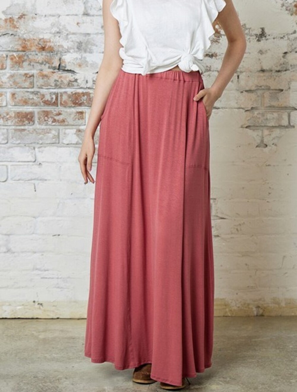 A4-0614 Beachy Maxi Skirt in Dusty Rose, Rayon spandex, flowy, garment dyed